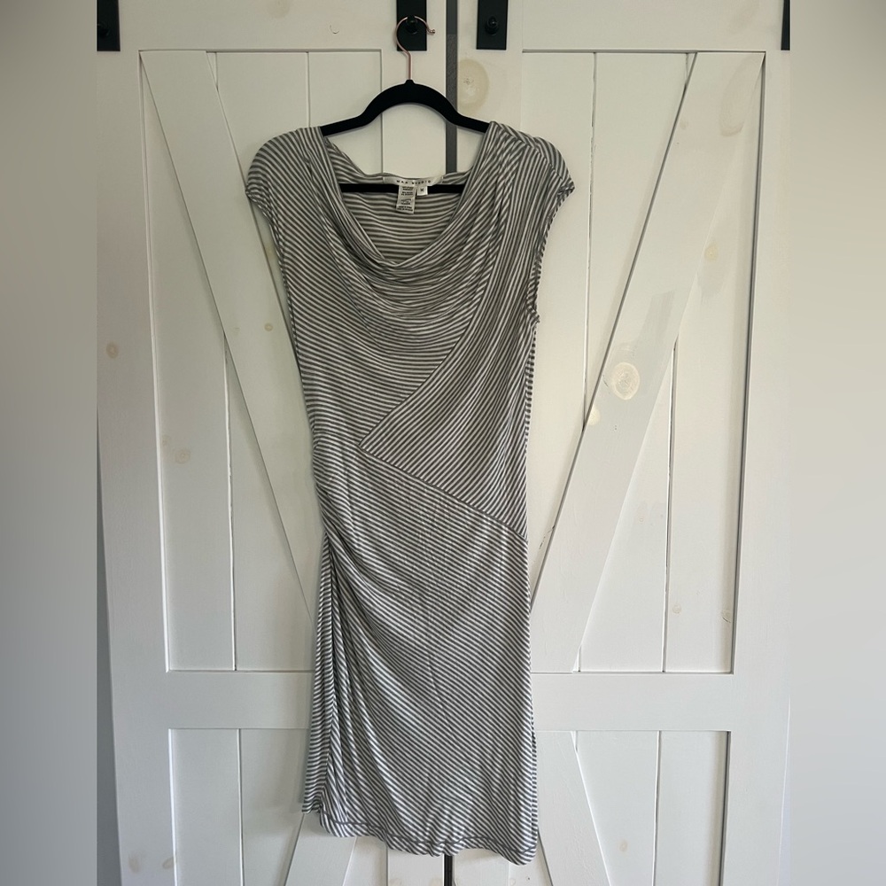 Max Studio Gray & White Striped Drape Dress – Asymmetric Hem